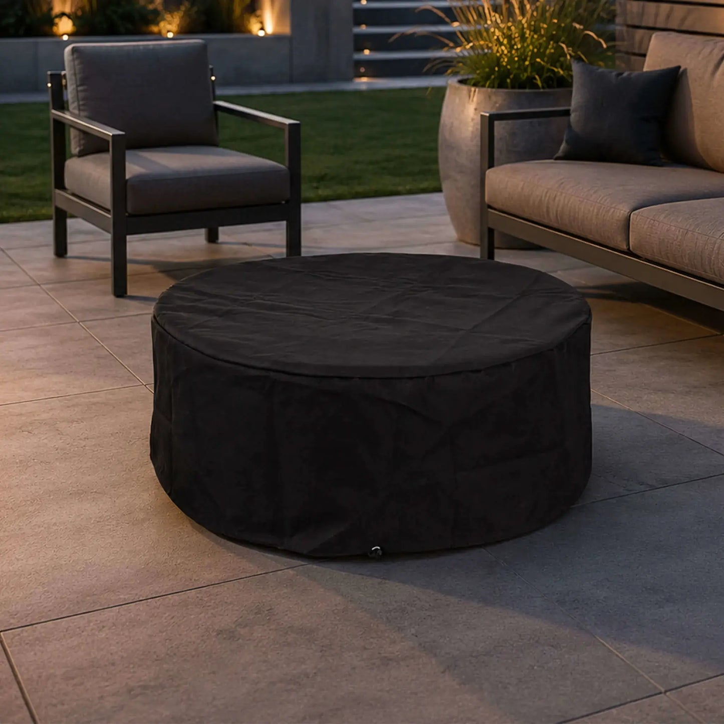 Lifestyle image of the Flame Havens Refuge Series 36-inch Round Natural Gas Gray GFRC Concrete Fire Pit covered with the custom black canvas fabric cover on a luxury backyard patio. Positioned between modern outdoor seating, the weatherproof cover protects the fire pit while complementing upscale outdoor living spaces during the off-season or between uses.