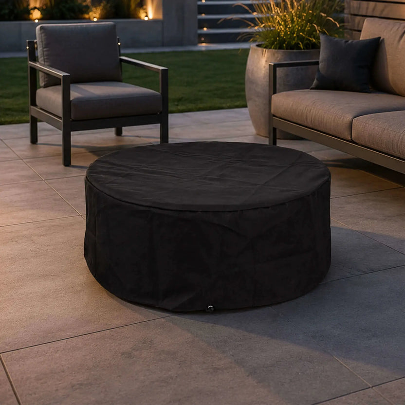 Lifestyle image of the Flame Havens Refuge Series 36-inch Round Natural Gas Gray GFRC Concrete Fire Pit covered with the custom black canvas fabric cover on a luxury backyard patio. Positioned between modern outdoor seating, the weatherproof cover protects the fire pit while complementing upscale outdoor living spaces during the off-season or between uses.