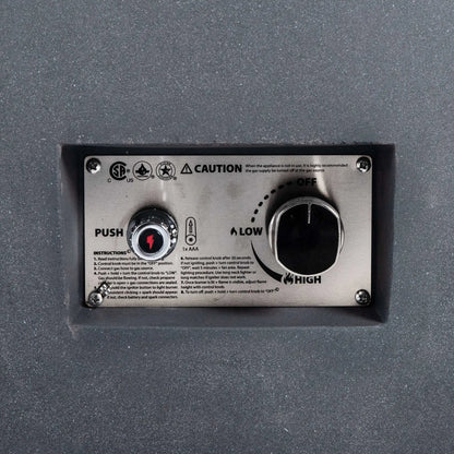 Close-up view of the Flame Havens Refuge Series 36-inch Round Natural Gas GFRC Concrete Fire Pit in Gray, highlighting the recessed stainless steel CSA-certified ignition control panel. The image clearly shows the push-button spark igniter, flame adjustment knob, OFF, LOW, and HIGH settings, and the brushed stainless control plate integrated into the textured gray GFRC concrete body for a clean, professional finish.