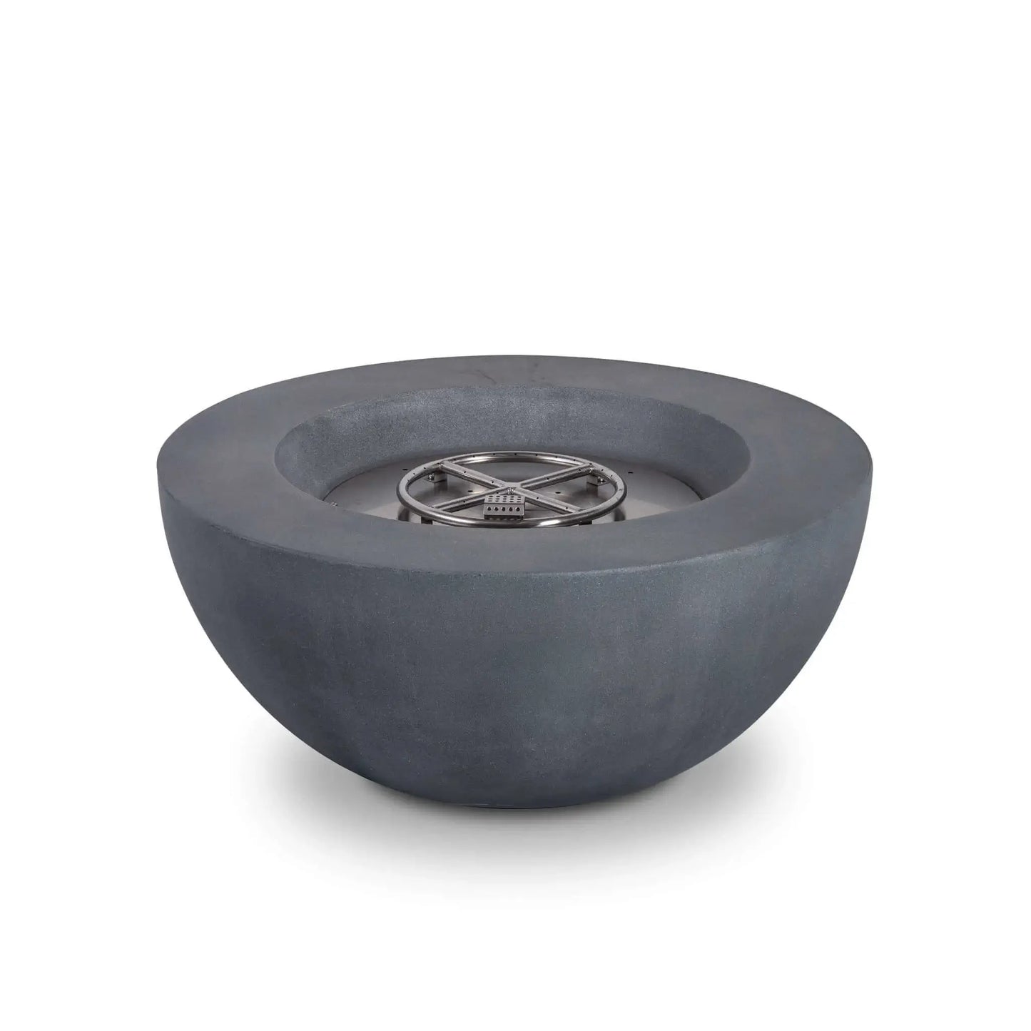 Front view of the Flame Havens Refuge Series 36-inch Round Natural Gas GFRC Concrete Fire Pit in Gray with the stainless steel burner assembly exposed. This product image showcases the smooth bowl-shaped concrete body, recessed burner pan, precision stainless steel burner ring, and clean front profile without the control panel visible, making it ideal for showcasing the fire pit's modern design.