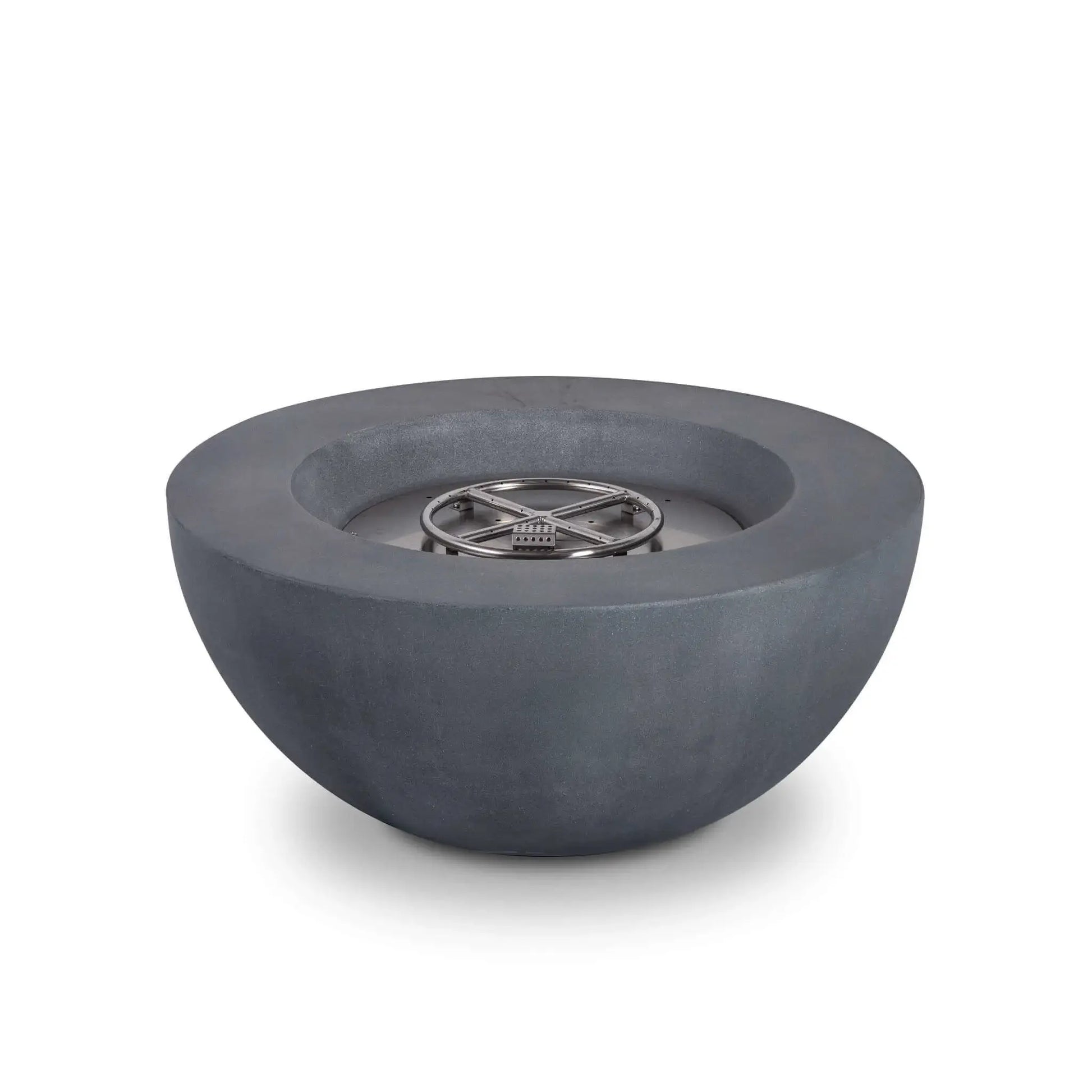 Front view of the Flame Havens Refuge Series 36-inch Round Natural Gas GFRC Concrete Fire Pit in Gray with the stainless steel burner assembly exposed. This product image showcases the smooth bowl-shaped concrete body, recessed burner pan, precision stainless steel burner ring, and clean front profile without the control panel visible, making it ideal for showcasing the fire pit's modern design.