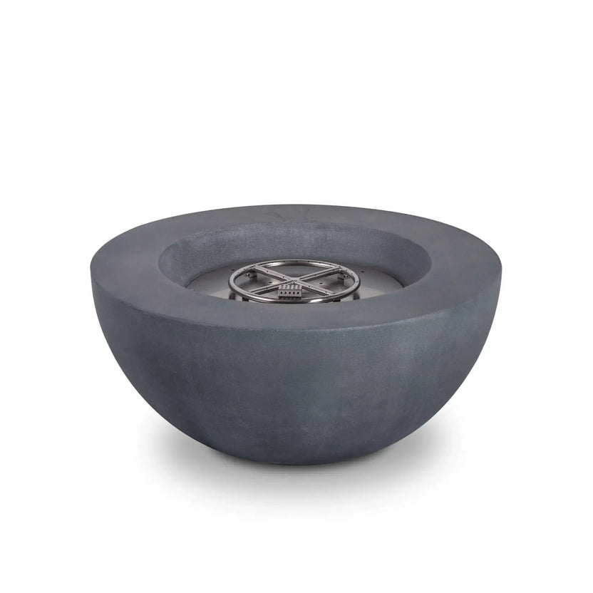Front view of the Flame Havens Refuge Series 36-inch Round Natural Gas GFRC Concrete Fire Pit in Gray with the stainless steel burner assembly exposed. This product image showcases the smooth bowl-shaped concrete body, recessed burner pan, precision stainless steel burner ring, and clean front profile without the control panel visible, making it ideal for showcasing the fire pit's modern design.