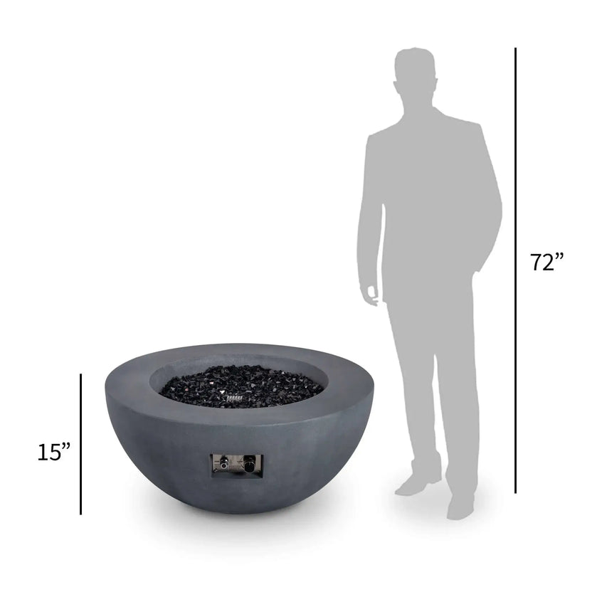 Perspective size comparison of the Flame Havens Refuge Series 36-inch Round Natural Gas GFRC Concrete Fire Pit in Gray beside a 72-inch human silhouette. The graphic illustrates the fire pit's low-profile 15-inch height, generous round design, stainless steel burner system, and overall scale to help homeowners and designers visualize placement within an outdoor living space.