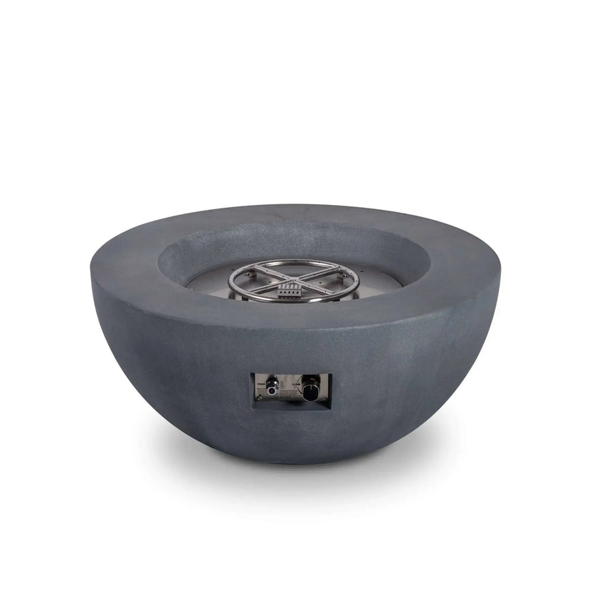 Front product image of the Flame Havens Refuge Series 36-inch Round Natural Gas Gray GFRC Concrete Fire Pit with the fire glass removed to reveal the stainless steel circular burner ring and CSA-certified ignition system. The exposed burner assembly showcases the premium engineering, durable stainless steel construction, and precision control components built into the fire feature.