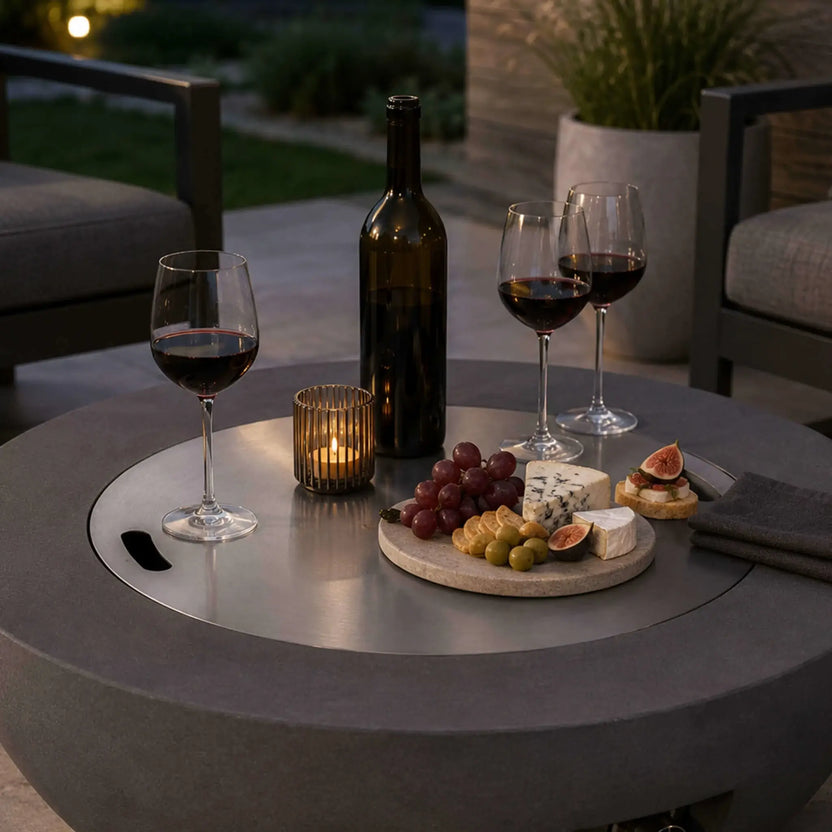 Lifestyle image of the Flame Havens Refuge Series 36-inch Round Natural Gas Gray GFRC Concrete Fire Pit with the brushed stainless steel burner cover installed as an outdoor tabletop. Wine glasses, a bottle of wine, candles, cheese, fruit, and appetizers create an inviting entertaining space, demonstrating the dual-purpose functionality of this luxury GFRC fire pit.