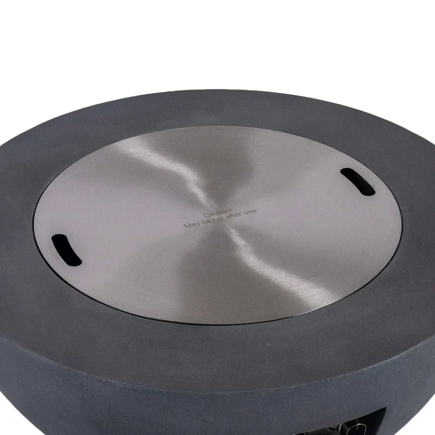 Top product view of the Flame Havens Refuge Series 36-inch Round Natural Gas Gray GFRC Concrete Fire Pit with the brushed stainless steel burner cover installed. The flush-fitting cover features integrated hand openings and a clean satin finish, converting the fire feature into a stylish outdoor coffee table when the burner is not in operation.