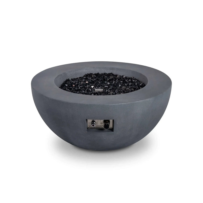 Front product image of the Flame Havens Refuge Series 36-inch Round Natural Gas GFRC Concrete Fire Pit in Gray filled with black tempered reflective fire glass. The fire pit is shown with the burner turned off while the recessed stainless steel ignition controls remain visible, emphasizing the clean contemporary styling and premium GFRC concrete construction.