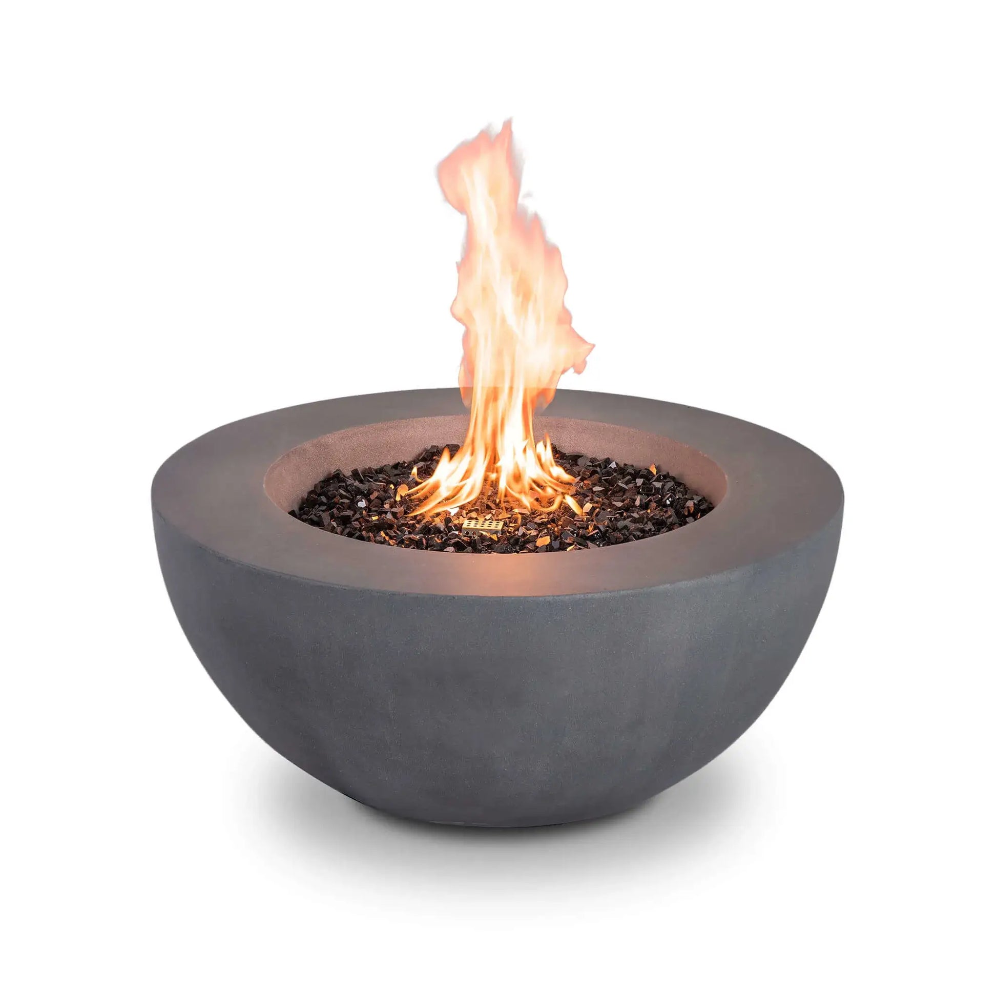 The Flame Havens Refuge Series 36-inch Round Natural Gas GFRC Concrete Fire Pit in Gray is shown with vibrant flames rising above black tempered reflective fire glass. The recessed stainless steel burner delivers an attractive vertical flame presentation while the front remains free of visible controls for a clean architectural appearance.