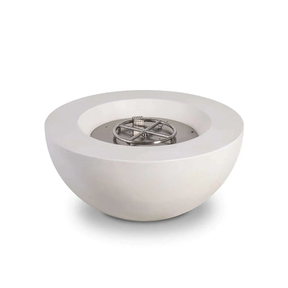 Front studio image of the Flame Havens Refuge Series 36-inch Round Natural Gas White GFRC Concrete Fire Pit with the stainless steel burner assembly exposed. The smooth white GFRC concrete bowl showcases its modern low-profile design, integrated control panel, and precision-engineered burner before fire media is installed.