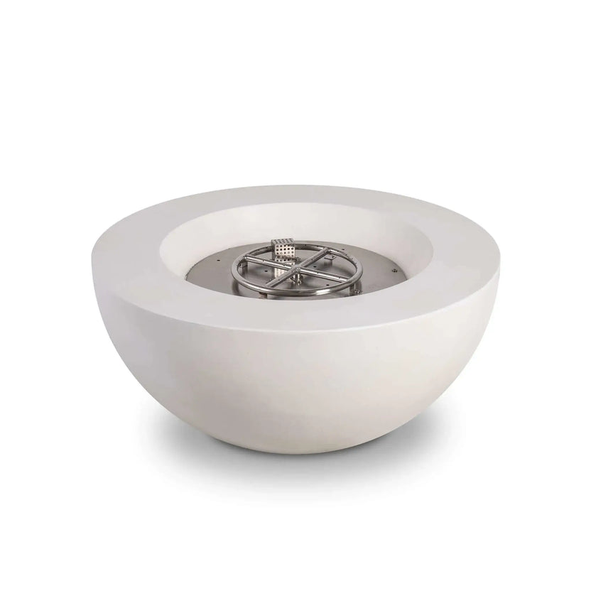 Front studio image of the Flame Havens Refuge Series 36-inch Round Natural Gas White GFRC Concrete Fire Pit with the stainless steel burner assembly exposed. The smooth white GFRC concrete bowl showcases its modern low-profile design, integrated control panel, and precision-engineered burner before fire media is installed.