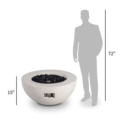 Dimension reference image of the Flame Havens Refuge Series 36-inch Round Natural Gas White GFRC Concrete Fire Pit beside a 72-inch human silhouette for scale. The illustration highlights the 15-inch overall height while showcasing the low-profile concrete fire pit, black reflective tempered fire glass, and integrated control panel for size comparison.