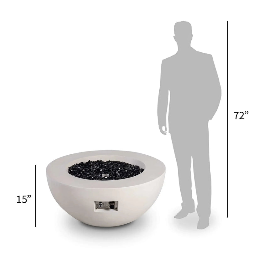 Dimension reference image of the Flame Havens Refuge Series 36-inch Round Natural Gas White GFRC Concrete Fire Pit beside a 72-inch human silhouette for scale. The illustration highlights the 15-inch overall height while showcasing the low-profile concrete fire pit, black reflective tempered fire glass, and integrated control panel for size comparison.
