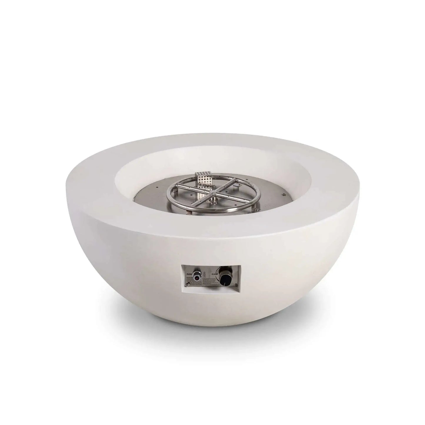 Front product image of the Flame Havens Refuge Series 36-inch Round Natural Gas White GFRC Concrete Fire Pit featuring the exposed stainless steel burner, CSA-certified ignition system, and integrated control panel. The image highlights the precision-engineered burner assembly before fire glass is installed, emphasizing premium craftsmanship and dependable outdoor performance.