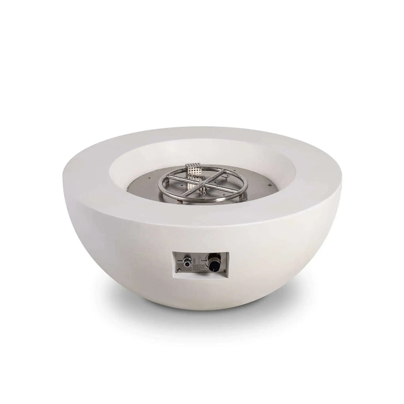 Front product image of the Flame Havens Refuge Series 36-inch Round Natural Gas White GFRC Concrete Fire Pit featuring the exposed stainless steel burner, CSA-certified ignition system, and integrated control panel. The image highlights the precision-engineered burner assembly before fire glass is installed, emphasizing premium craftsmanship and dependable outdoor performance.