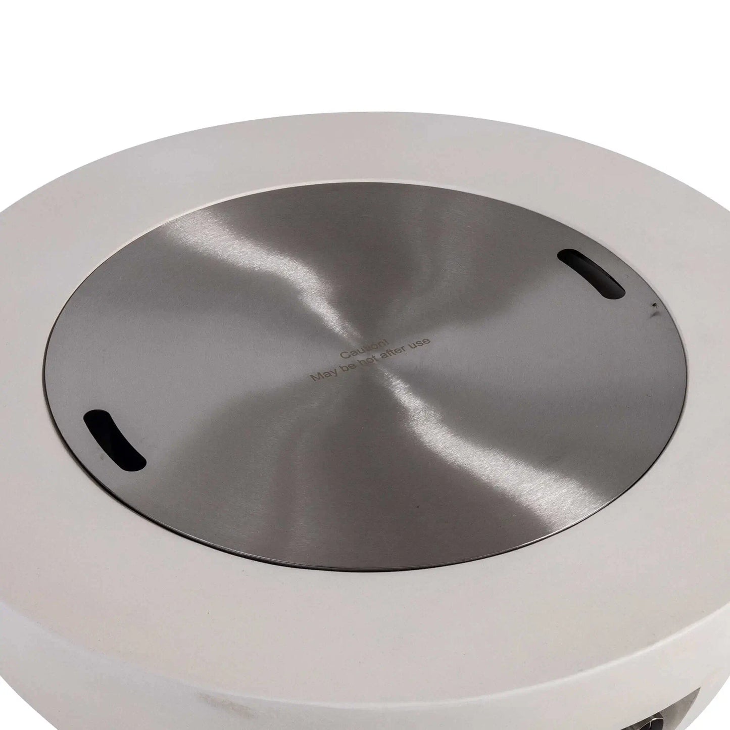 Top-down studio image of the Flame Havens Refuge Series brushed stainless steel burner cover installed on the 36-inch Round Natural Gas White GFRC Concrete Fire Pit. Integrated lift handles and the satin stainless finish transform the fire pit into a functional outdoor table while protecting the burner beneath.
