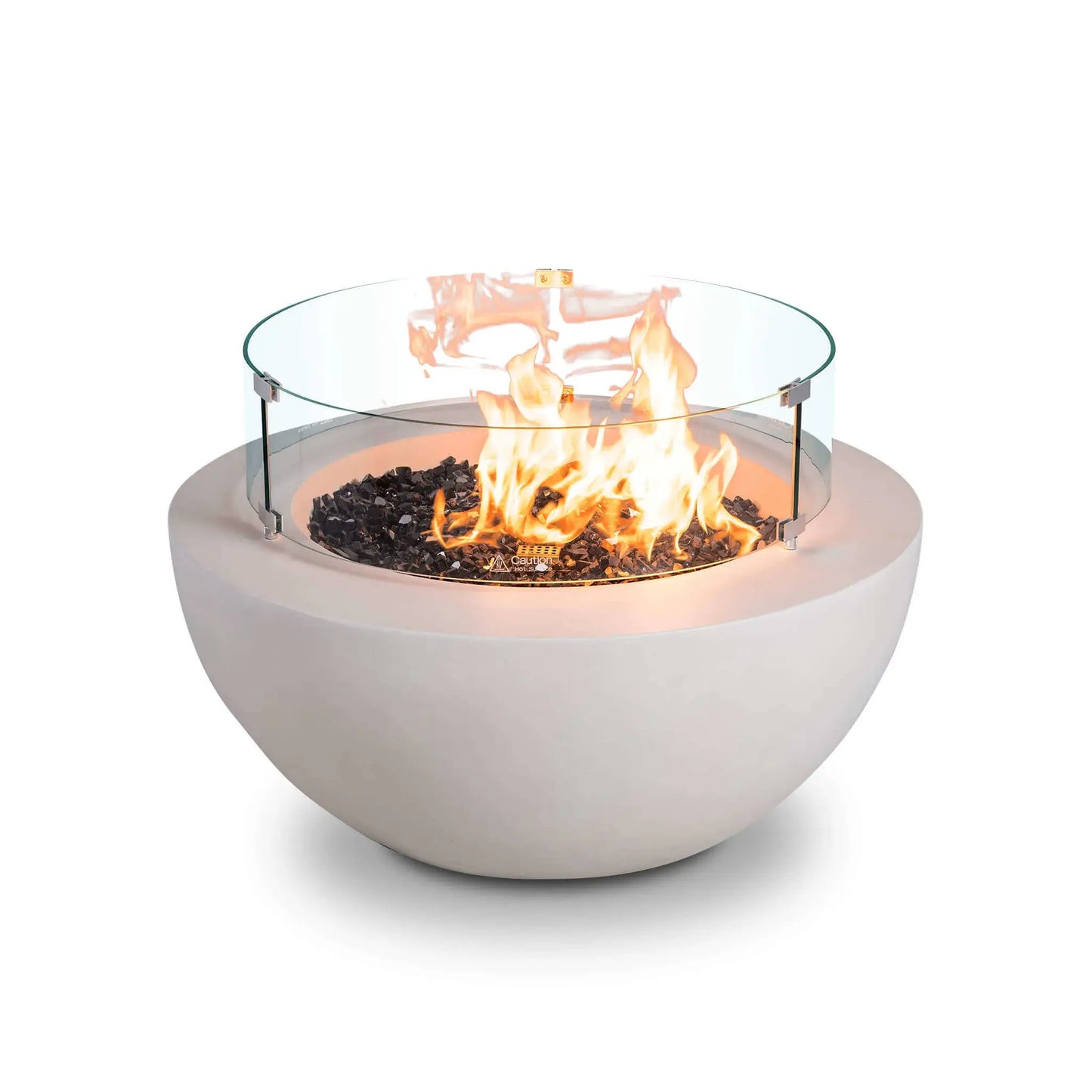 Front studio image of the Flame Havens Refuge Series 36-inch Round Natural Gas White GFRC Concrete Fire Pit operating with the optional tempered glass wind guard installed. Bright flames rise above premium black reflective tempered fire glass while the clear cylindrical wind guard with stainless steel mounting brackets enhances safety, flame stability, and the modern architectural appearance of this luxury outdoor fire pit.