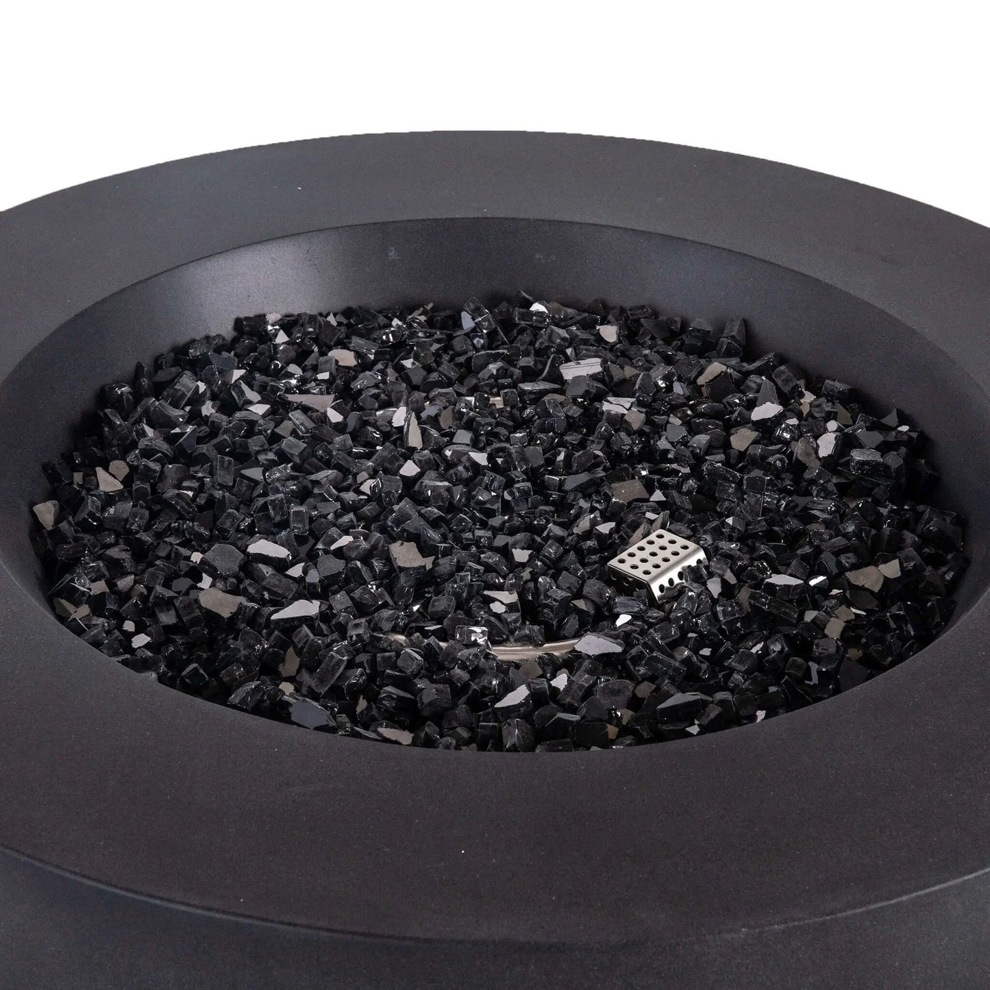 Close-up view of the Flame Havens Refuge Series 36-inch Round Propane Gas GFRC Concrete Fire Pit in Black, showcasing premium 1/2-inch Black Reflective Fire Glass evenly covering the stainless steel burner pan. The image highlights the smooth Graphite Black GFRC concrete finish, concealed CSA ignition, and luxurious media designed to create a modern outdoor centerpiece for patios and backyard living spaces.