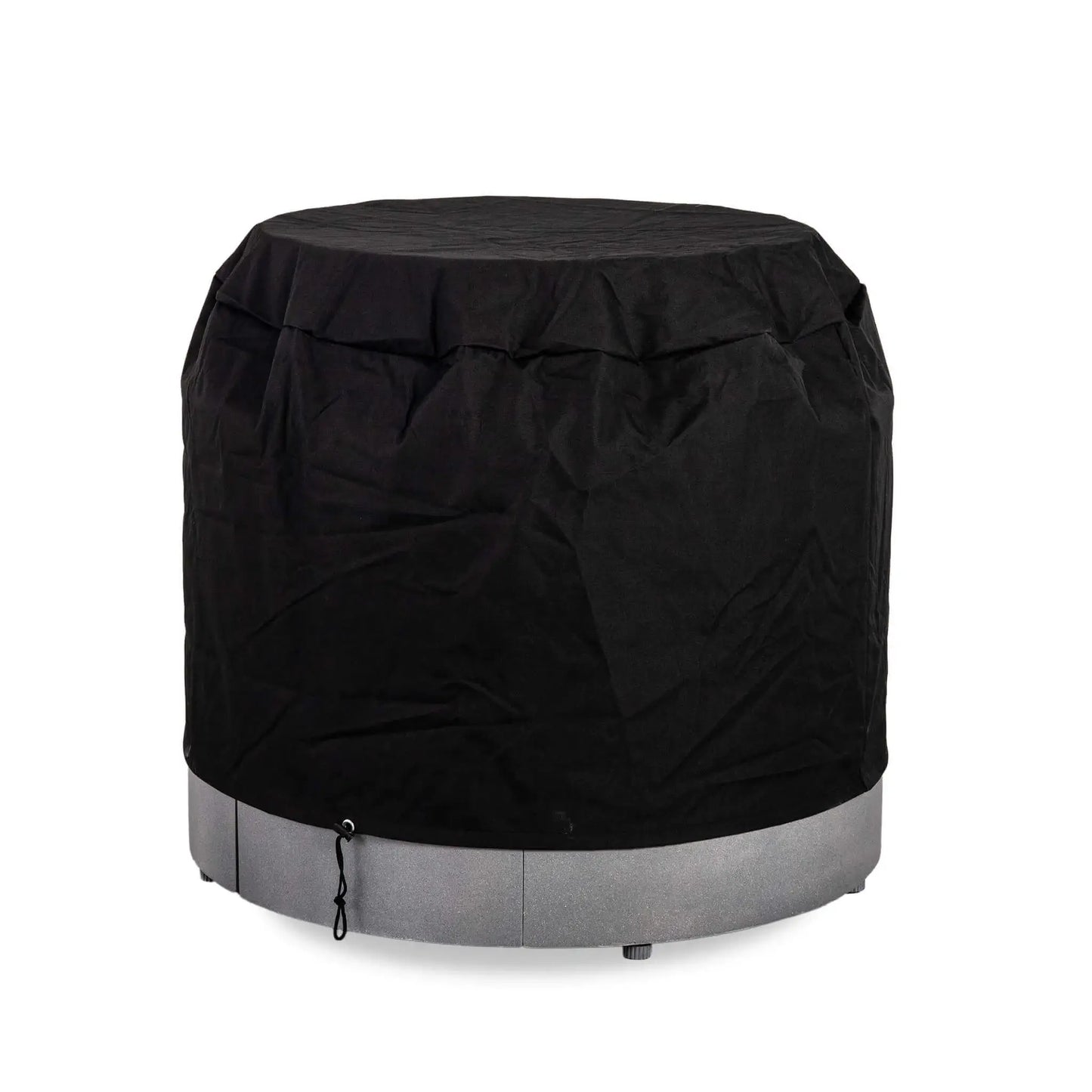 Flame Havens Refuge Series 36-inch Round Propane Gas GFRC Concrete Fire Pit shown with the optional Black Canvas Fabric Cover installed over the tempered glass wind guard. The fitted weather-resistant cover protects both the Graphite Black GFRC fire pit and glass wind guard from rain, dust, and debris while preserving the premium outdoor finish.