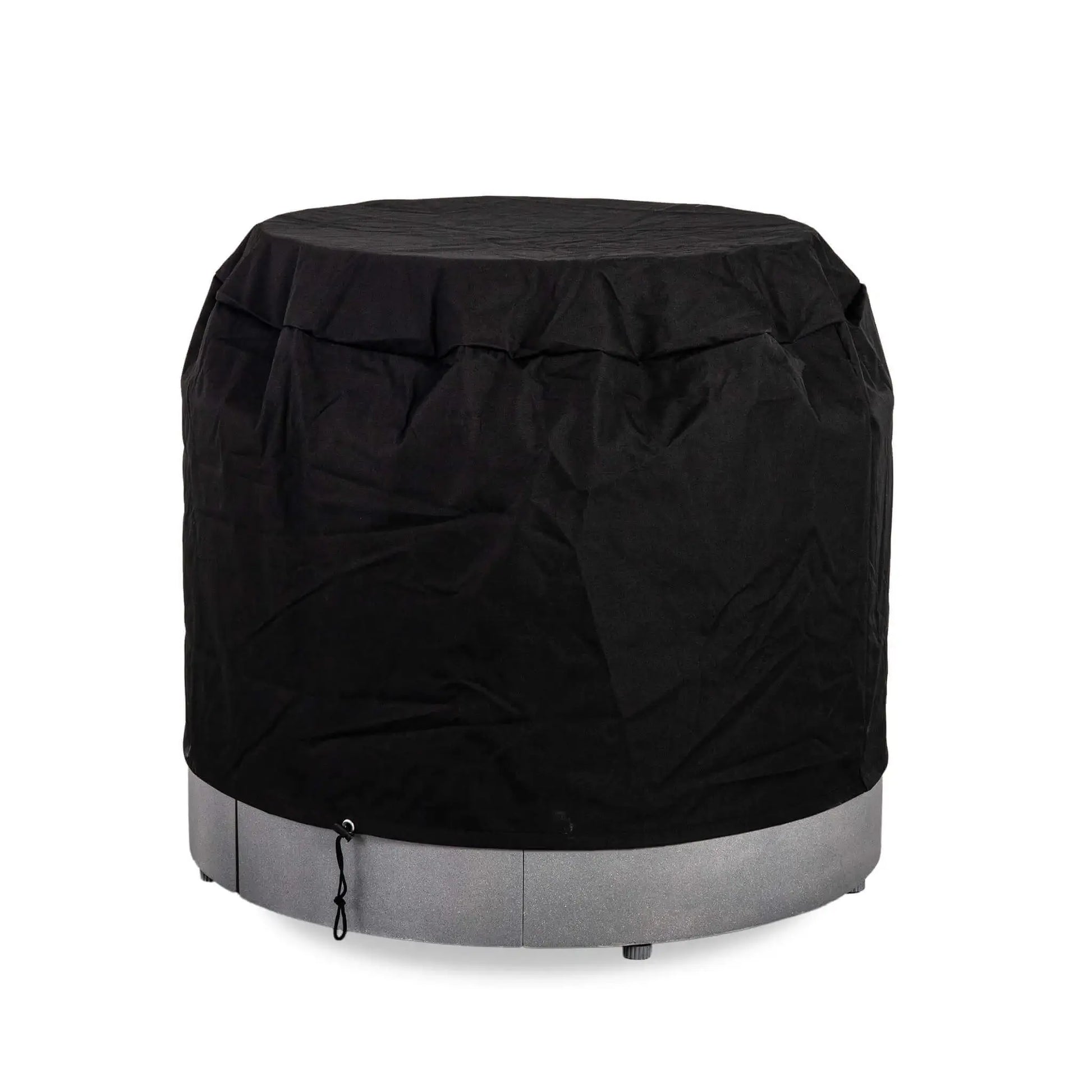 Flame Havens Refuge Series 36-inch Round Propane Gas GFRC Concrete Fire Pit shown with the optional Black Canvas Fabric Cover installed over the tempered glass wind guard. The fitted weather-resistant cover protects both the Graphite Black GFRC fire pit and glass wind guard from rain, dust, and debris while preserving the premium outdoor finish.