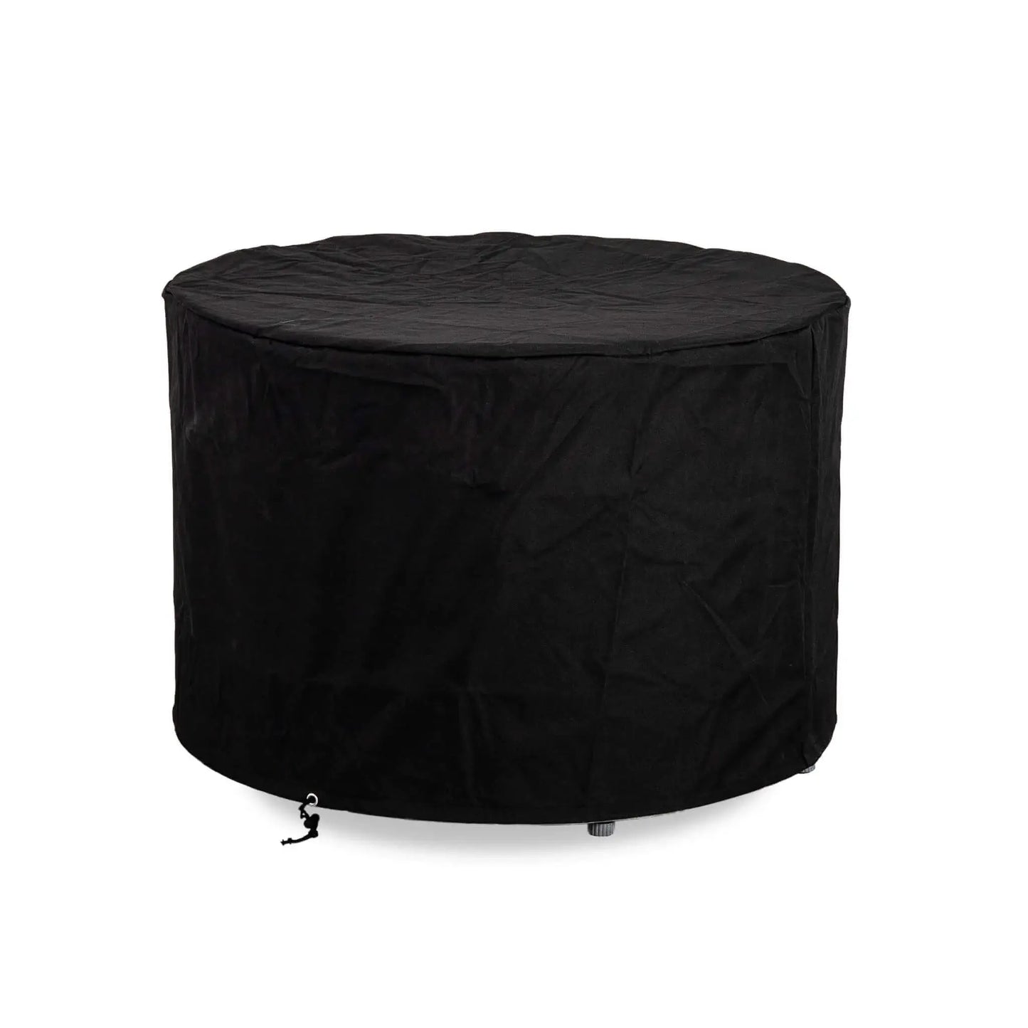 Flame Havens Refuge Series 36-inch Round Propane Gas GFRC Concrete Fire Pit protected with the optional Black Canvas Fabric Cover. The fitted weather-resistant cover fully encloses the fire pit, helping shield the Graphite Black GFRC concrete finish and burner components from outdoor elements while providing year-round protection during storage.