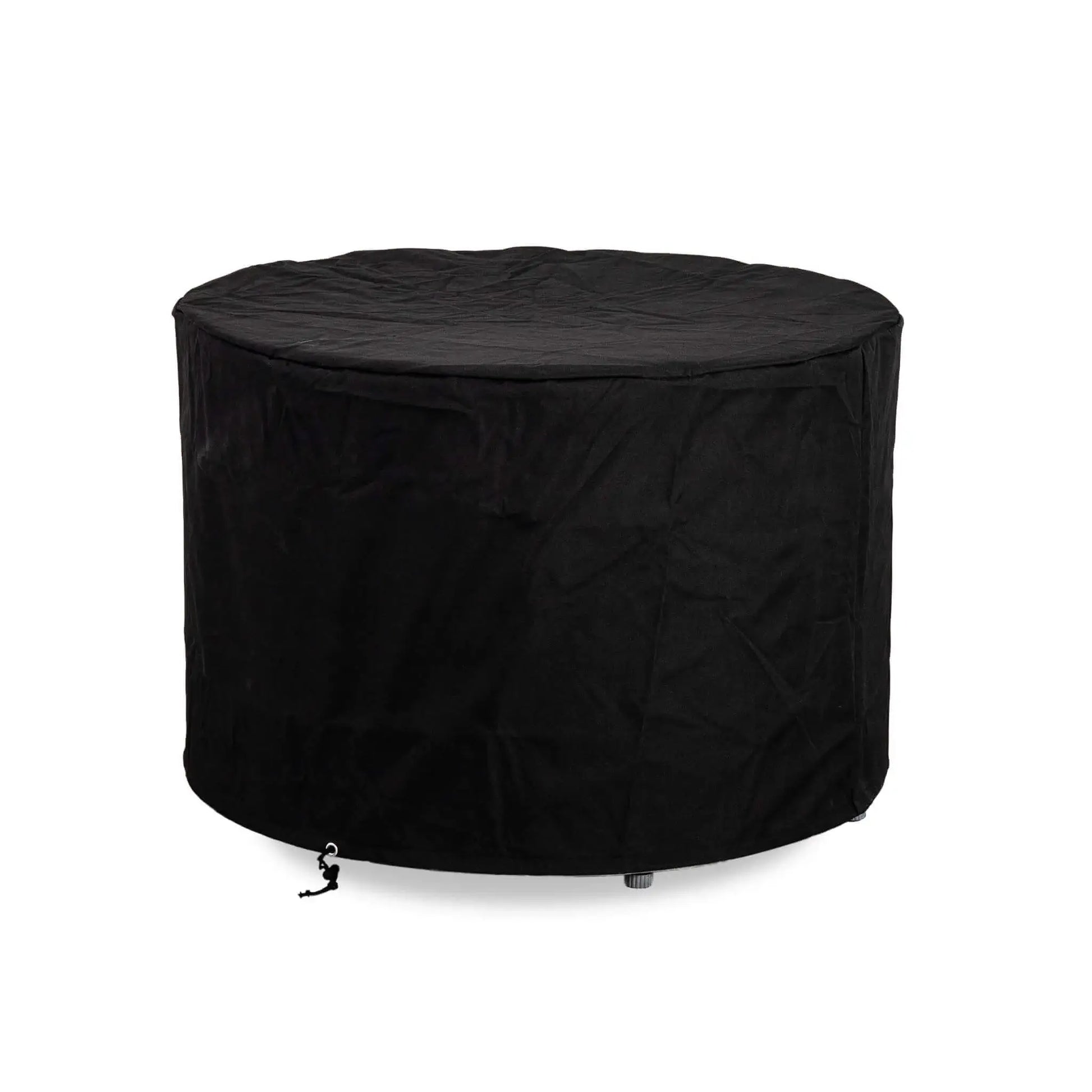 Flame Havens Refuge Series 36-inch Round Propane Gas GFRC Concrete Fire Pit protected with the optional Black Canvas Fabric Cover. The fitted weather-resistant cover fully encloses the fire pit, helping shield the Graphite Black GFRC concrete finish and burner components from outdoor elements while providing year-round protection during storage.