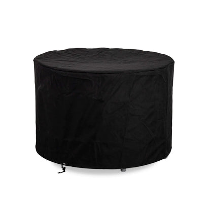 Flame Havens Refuge Series 36-inch Round Propane Gas GFRC Concrete Fire Pit protected with the optional Black Canvas Fabric Cover. The fitted weather-resistant cover fully encloses the fire pit, helping shield the Graphite Black GFRC concrete finish and burner components from outdoor elements while providing year-round protection during storage.