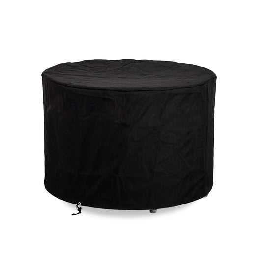 Flame Havens Refuge Series 36-inch Round Propane Gas GFRC Concrete Fire Pit protected with the optional Black Canvas Fabric Cover. The fitted weather-resistant cover fully encloses the fire pit, helping shield the Graphite Black GFRC concrete finish and burner components from outdoor elements while providing year-round protection during storage.
