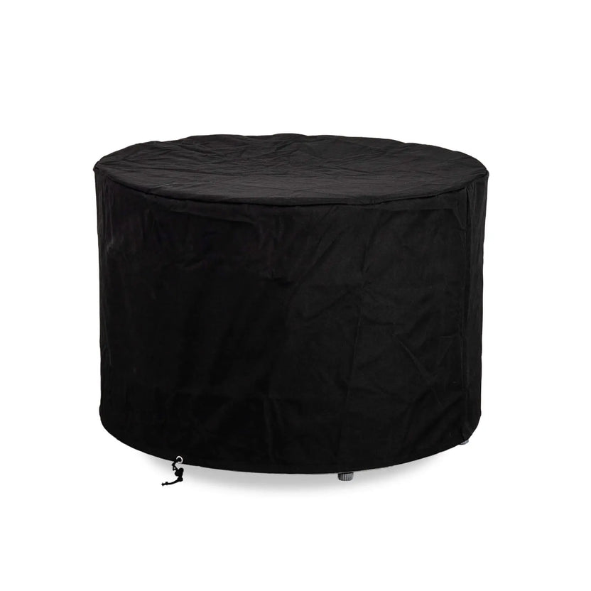 Flame Havens Refuge Series 36-inch Round Propane Gas GFRC Concrete Fire Pit protected with the optional Black Canvas Fabric Cover. The fitted weather-resistant cover fully encloses the fire pit, helping shield the Graphite Black GFRC concrete finish and burner components from outdoor elements while providing year-round protection during storage.