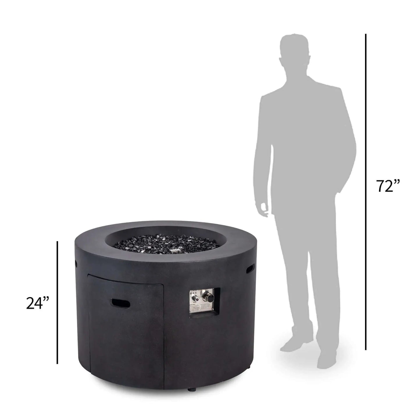 Flame Havens Refuge Series 36-inch Round Propane Gas GFRC Concrete Fire Pit shown beside a six-foot human silhouette for size comparison. The graphic illustrates the 24-inch fire pit height while highlighting the hidden propane access door, recessed control panel, Black Reflective Fire Glass, and premium Graphite Black GFRC concrete construction.