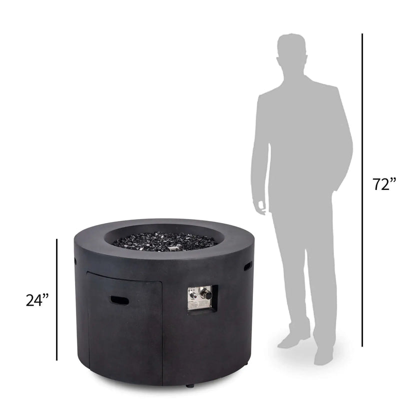 Flame Havens Refuge Series 36-inch Round Propane Gas GFRC Concrete Fire Pit shown beside a six-foot human silhouette for size comparison. The graphic illustrates the 24-inch fire pit height while highlighting the hidden propane access door, recessed control panel, Black Reflective Fire Glass, and premium Graphite Black GFRC concrete construction.