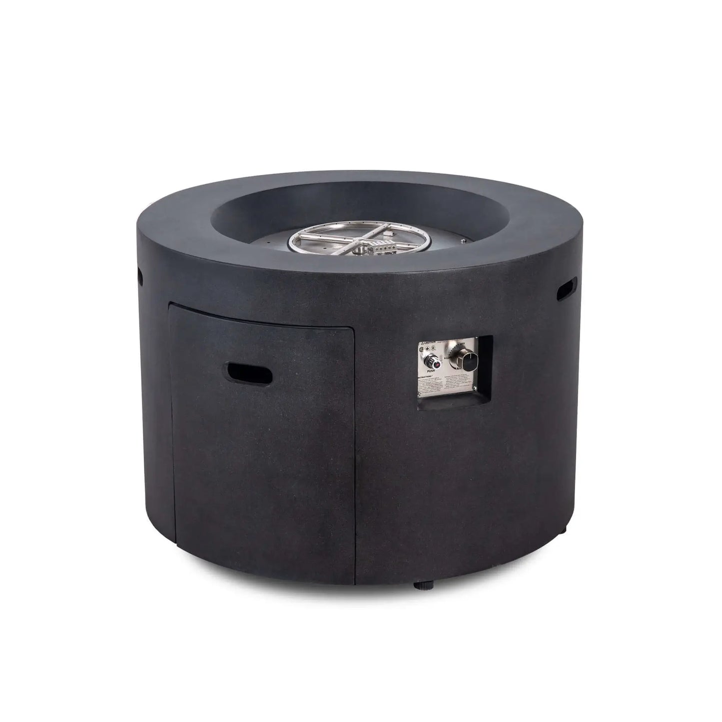 Front view of the Flame Havens Refuge Series 36-inch Round Propane Gas GFRC Concrete Fire Pit in Graphite Black with Black Reflective Fire Glass removed to showcase the stainless steel burner ring and CSA-certified ignition system. The image also highlights the hidden propane access door and recessed control panel built into the durable GFRC concrete body.