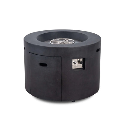 Front view of the Flame Havens Refuge Series 36-inch Round Propane Gas GFRC Concrete Fire Pit in Graphite Black with Black Reflective Fire Glass removed to showcase the stainless steel burner ring and CSA-certified ignition system. The image also highlights the hidden propane access door and recessed control panel built into the durable GFRC concrete body.