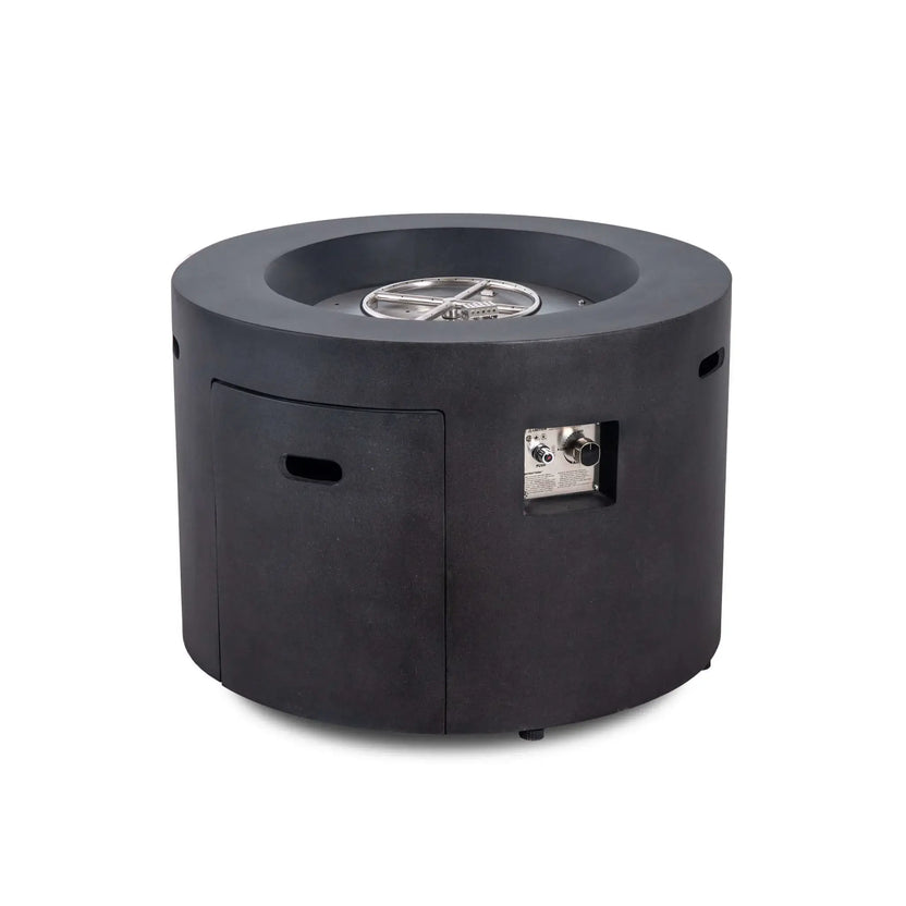 Front view of the Flame Havens Refuge Series 36-inch Round Propane Gas GFRC Concrete Fire Pit in Graphite Black with Black Reflective Fire Glass removed to showcase the stainless steel burner ring and CSA-certified ignition system. The image also highlights the hidden propane access door and recessed control panel built into the durable GFRC concrete body.