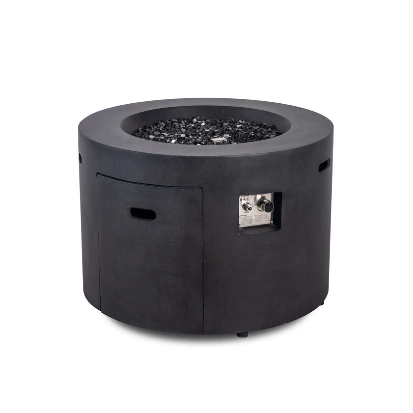 Front view of the Flame Havens Refuge Series 36-inch Round Propane Gas GFRC Concrete Fire Pit with premium Black Reflective Fire Glass and the fire turned off. The image showcases the recessed CSA-certified ignition controls, hidden propane access door, and smooth Graphite Black GFRC concrete finish, emphasizing the fire pit's clean, modern appearance.