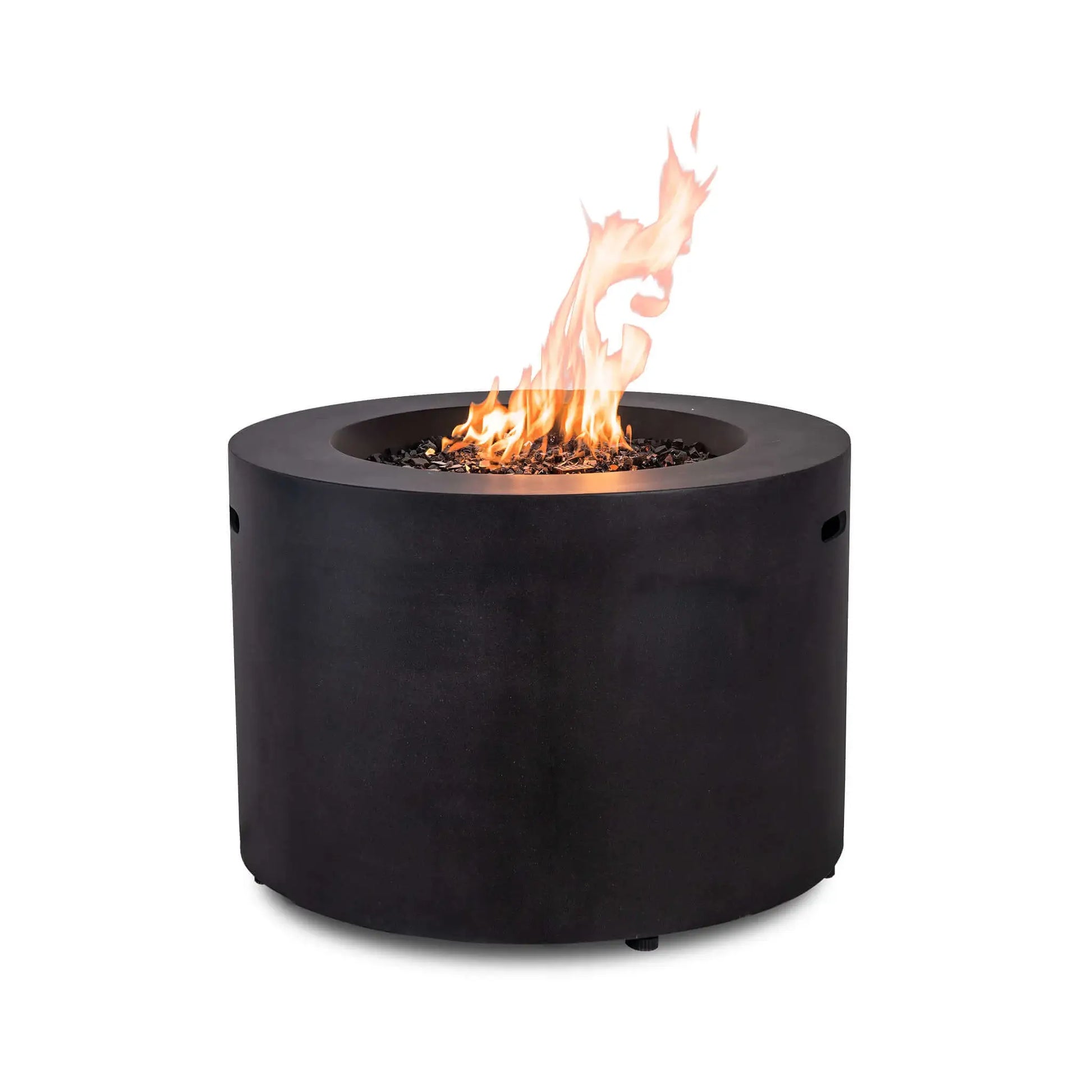 Rear view of the Flame Havens Refuge Series 36-inch Round Propane Gas GFRC Concrete Fire Pit operating with vibrant flames rising above premium Black Reflective Fire Glass. The image highlights the smooth Graphite Black GFRC concrete exterior and clean cylindrical profile without visible controls, making it ideal for luxury outdoor living spaces.