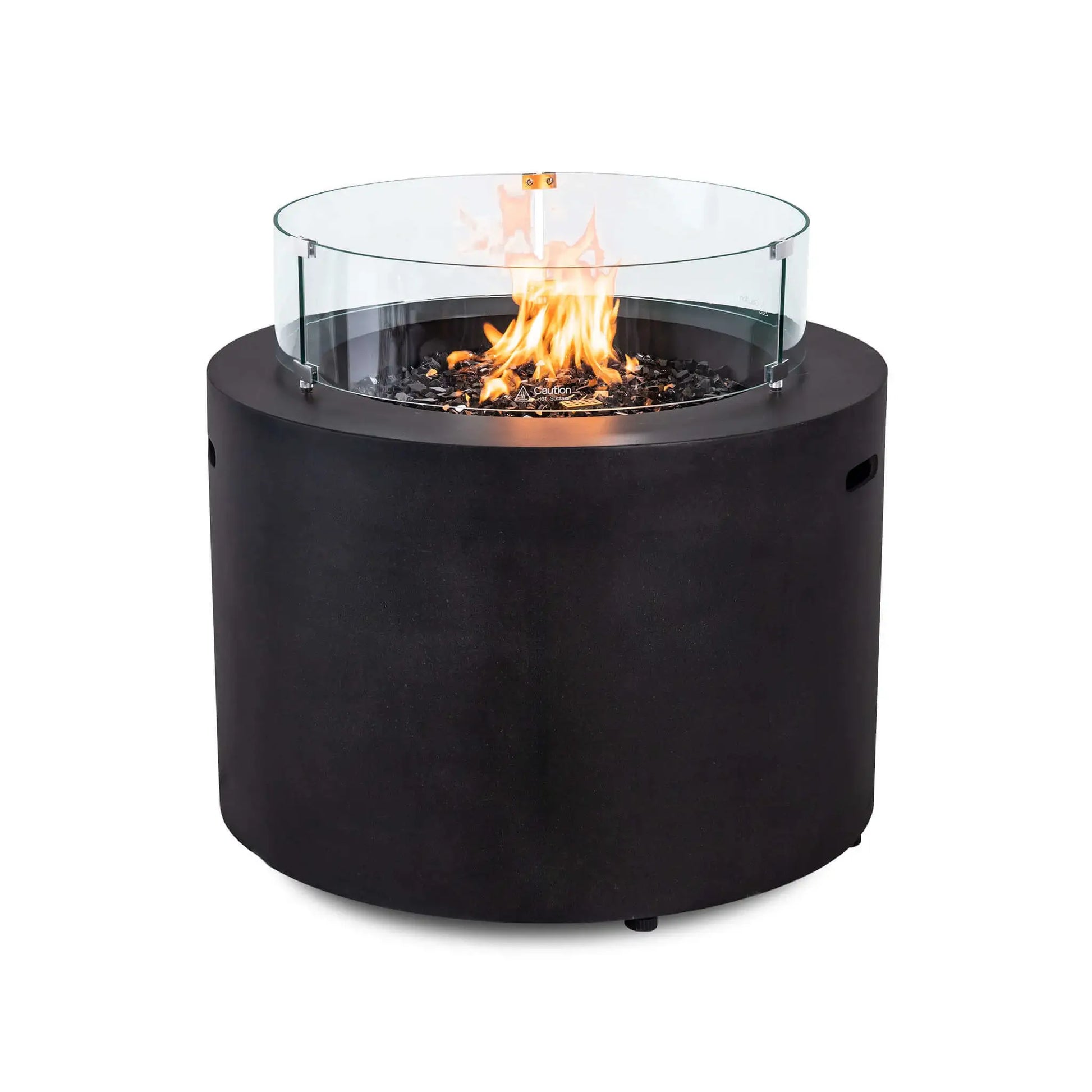 Flame Havens Refuge Series 36-inch Round Propane Gas GFRC Concrete Fire Pit featuring the optional tempered glass wind guard surrounding vibrant natural flames over premium Black Reflective Fire Glass. The Graphite Black GFRC concrete fire pit combines elegant modern styling with added flame protection, making it ideal for upscale patios, pool decks, and outdoor gathering spaces.