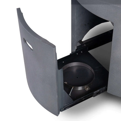 The hidden propane drawer of the Flame Havens Refuge Series 36-inch Round Propane Gas GFRC Concrete Fire Pit in Natural Gray shown extended to reveal the integrated slide-out propane tank compartment. The image demonstrates the convenient concealed storage system that keeps the propane cylinder hidden while allowing quick access for replacement.