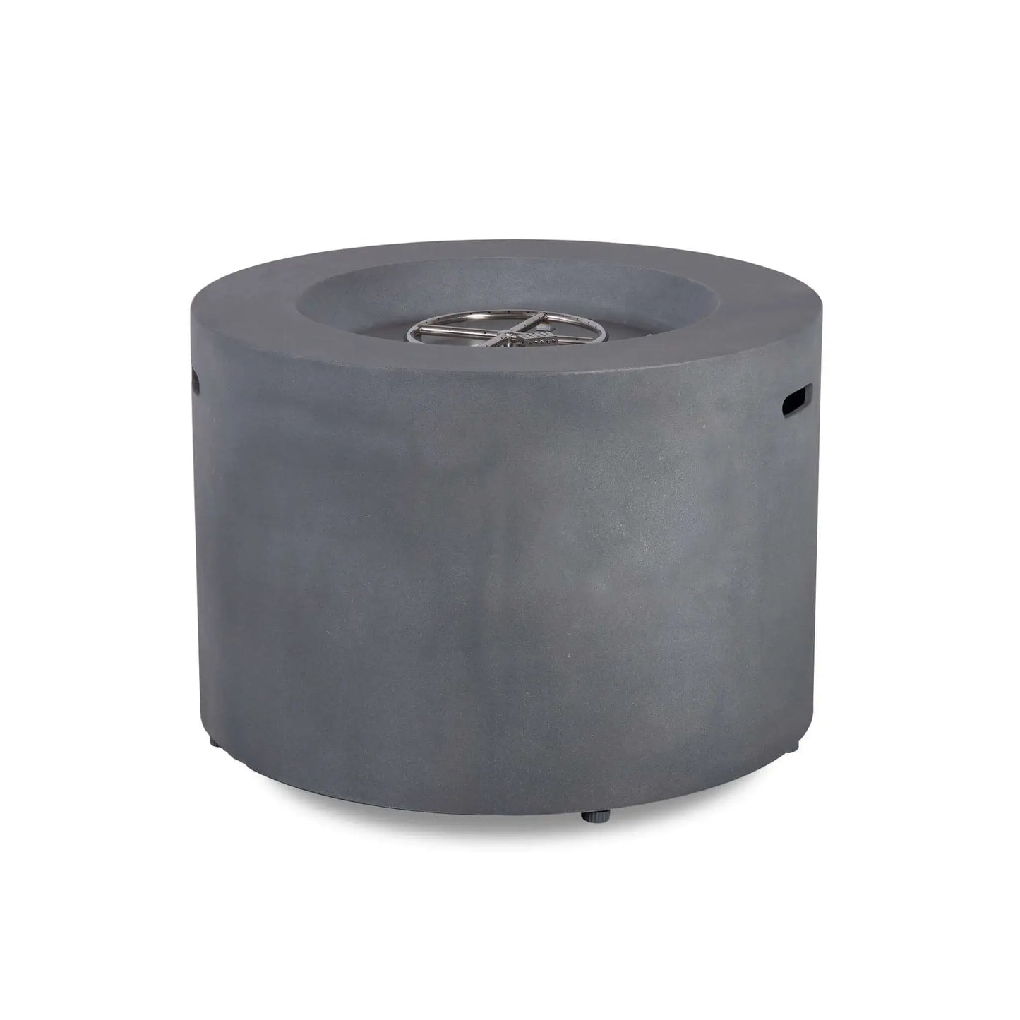 Rear view of the Flame Havens Refuge Series 36-inch Round Propane Gas GFRC Concrete Fire Pit in Natural Gray with the Black Reflective Fire Glass removed to reveal the stainless steel CSA-certified burner assembly. This angle highlights the seamless cylindrical GFRC concrete design without the hidden propane drawer or control panel visible.