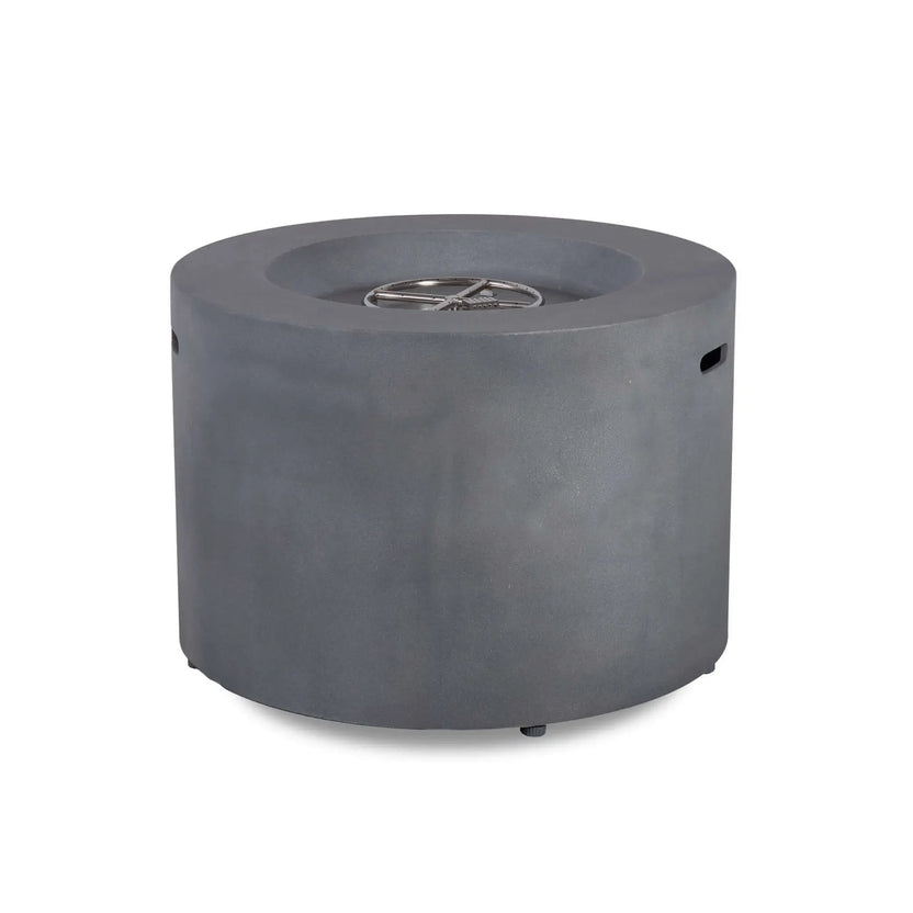Rear view of the Flame Havens Refuge Series 36-inch Round Propane Gas GFRC Concrete Fire Pit in Natural Gray with the Black Reflective Fire Glass removed to reveal the stainless steel CSA-certified burner assembly. This angle highlights the seamless cylindrical GFRC concrete design without the hidden propane drawer or control panel visible.