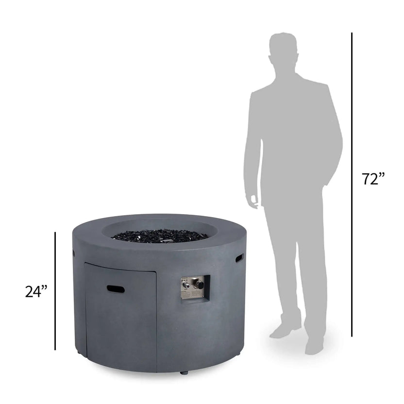 Size comparison image of the Flame Havens Refuge Series 36-inch Round Propane Gas GFRC Concrete Fire Pit in Natural Gray beside a 72-inch tall human silhouette. The graphic illustrates the fire pit's 24-inch height while showcasing the stainless steel burner assembly, hidden propane drawer, recessed controls, and premium GFRC concrete construction.