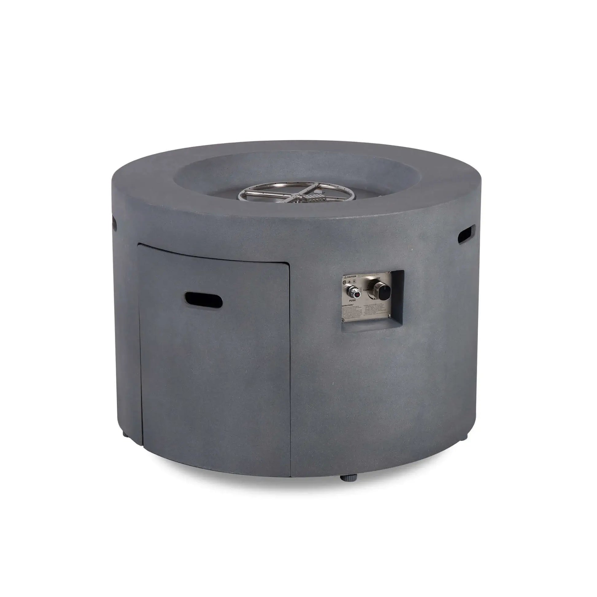 Front view of the Flame Havens Refuge Series 36-inch Round Propane Gas GFRC Concrete Fire Pit in Natural Gray with the Black Reflective Fire Glass removed to showcase the stainless steel CSA-certified burner assembly. The image highlights the precision-engineered burner ring, stainless steel burner pan, hidden propane drawer, and recessed ignition controls within the durable GFRC concrete fire pit.