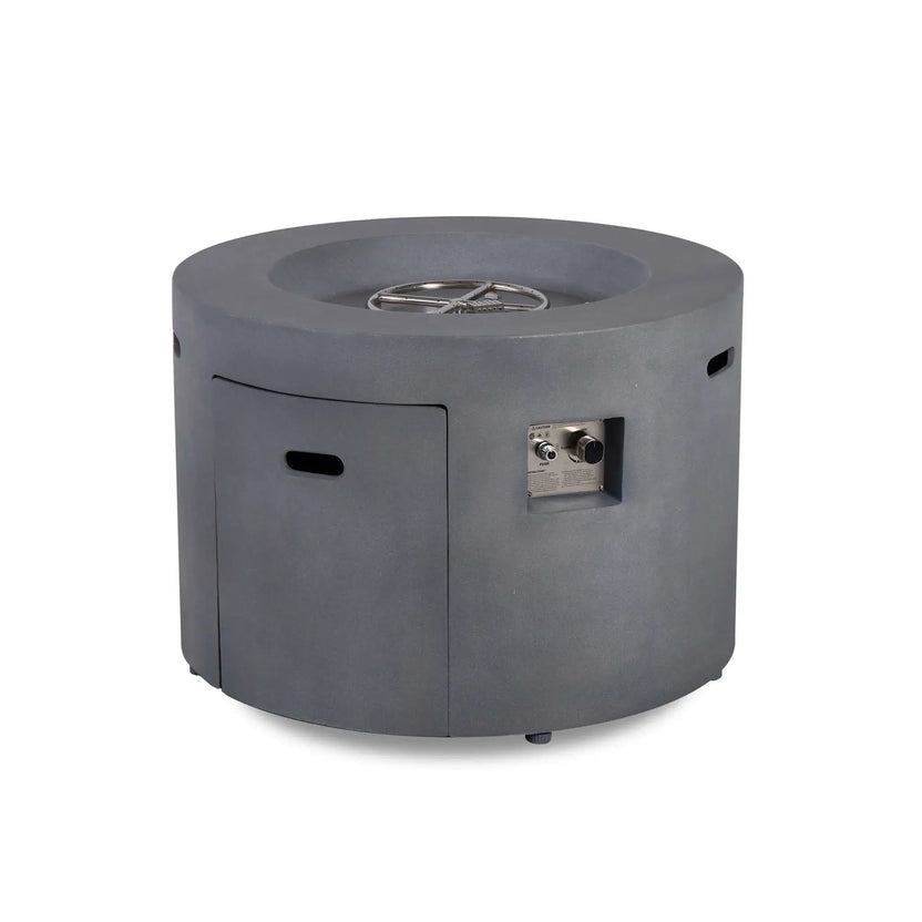 Front view of the Flame Havens Refuge Series 36-inch Round Propane Gas GFRC Concrete Fire Pit in Natural Gray with the Black Reflective Fire Glass removed to showcase the stainless steel CSA-certified burner assembly. The image highlights the precision-engineered burner ring, stainless steel burner pan, hidden propane drawer, and recessed ignition controls within the durable GFRC concrete fire pit.