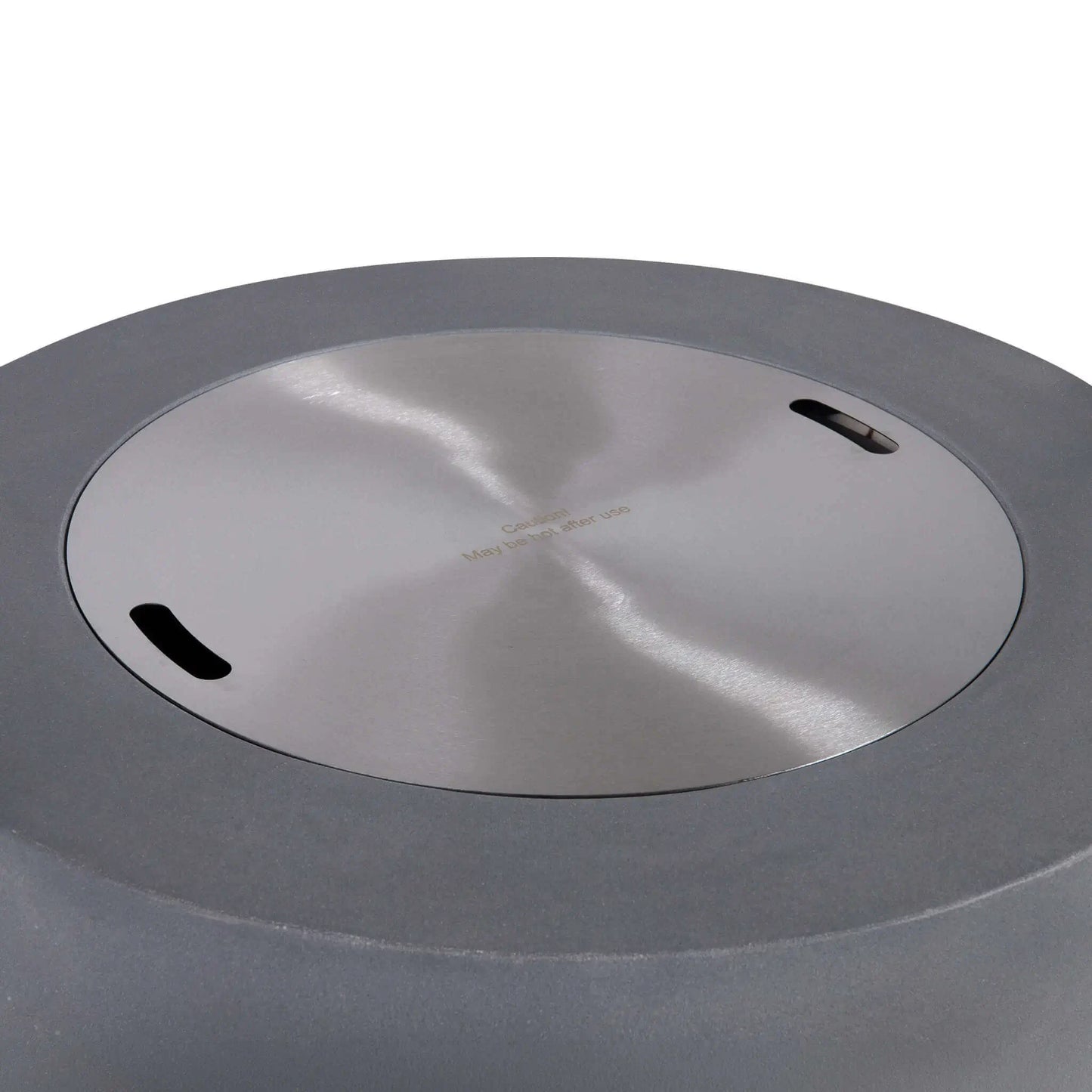 Top view of the Flame Havens Refuge Series 36-inch Round Propane Gas GFRC Concrete Fire Pit in Natural Gray with the optional stainless steel burner cover installed. The brushed stainless steel cover fits flush within the burner opening, converting the fire pit into a functional tabletop while protecting the burner assembly when not in use.