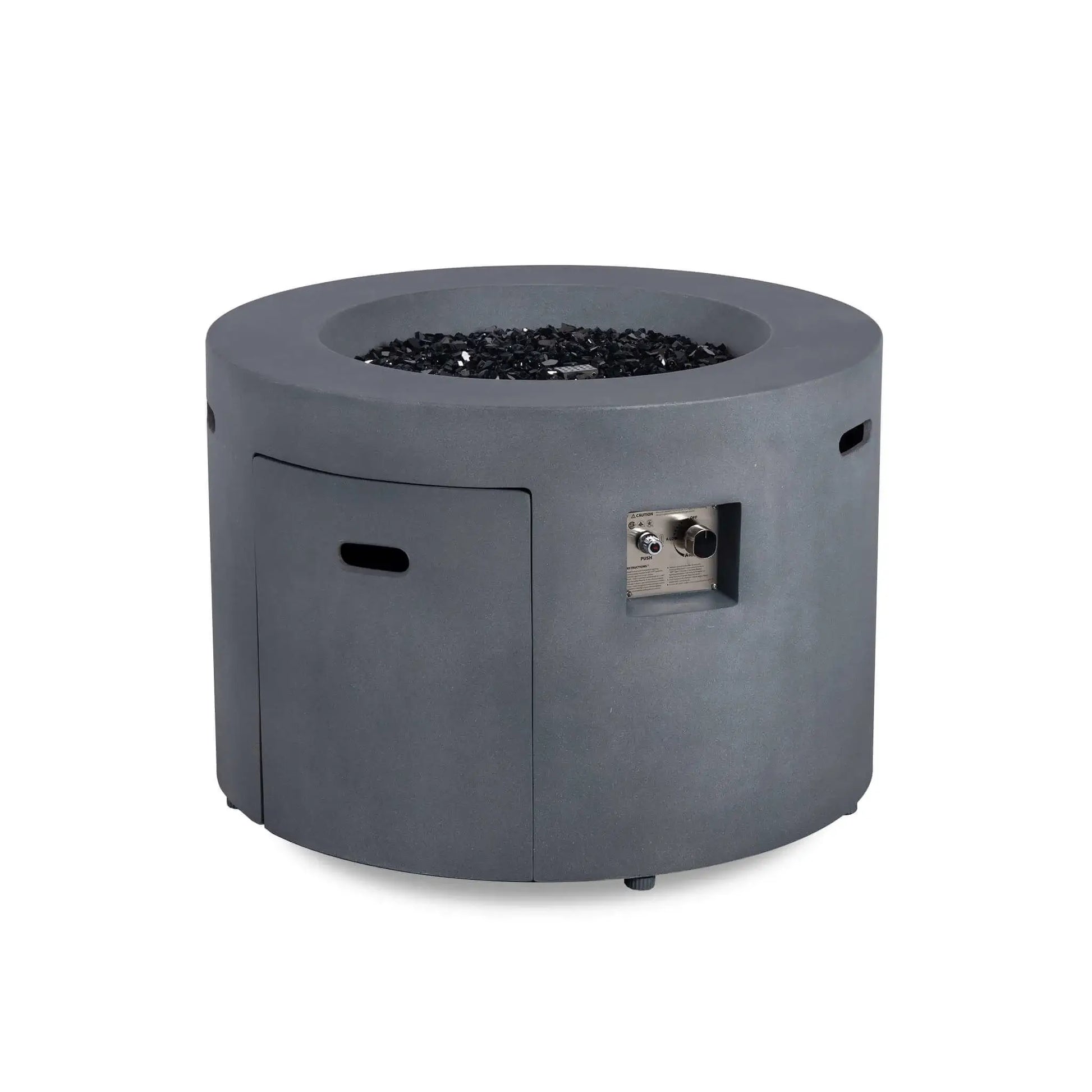 Front view of the Flame Havens Refuge Series 36-inch Round Propane Gas GFRC Concrete Fire Pit in Graphite Black with the burner turned off. The image highlights the recessed CSA-certified ignition controls, hidden propane tank access door, premium Black Reflective Fire Glass, and durable GFRC concrete construction, showcasing the fire pit's clean modern design for luxury outdoor patios and backyard entertaining.