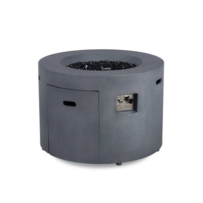 Front view of the Flame Havens Refuge Series 36-inch Round Propane Gas GFRC Concrete Fire Pit in Graphite Black with the burner turned off. The image highlights the recessed CSA-certified ignition controls, hidden propane tank access door, premium Black Reflective Fire Glass, and durable GFRC concrete construction, showcasing the fire pit's clean modern design for luxury outdoor patios and backyard entertaining.
