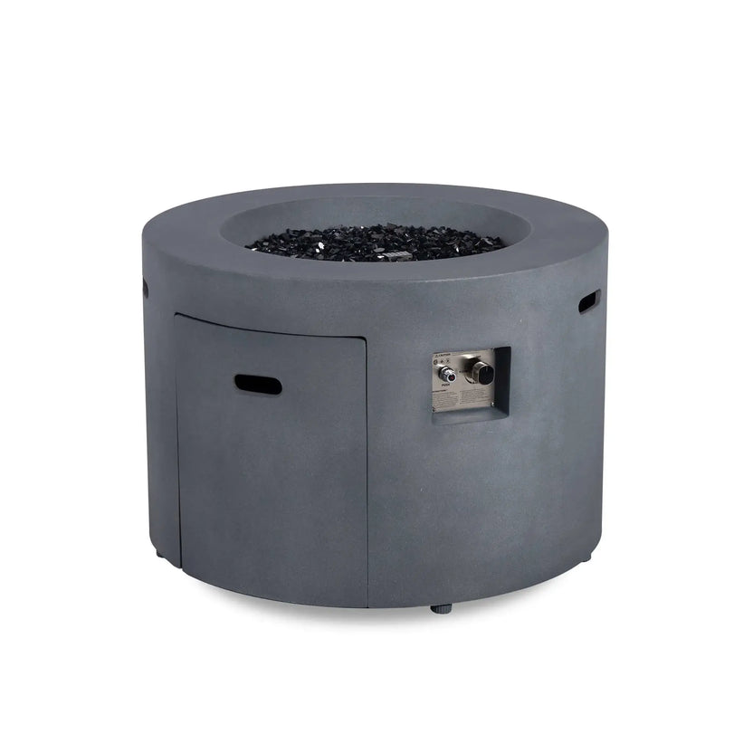 Front view of the Flame Havens Refuge Series 36-inch Round Propane Gas GFRC Concrete Fire Pit in Graphite Black with the burner turned off. The image highlights the recessed CSA-certified ignition controls, hidden propane tank access door, premium Black Reflective Fire Glass, and durable GFRC concrete construction, showcasing the fire pit's clean modern design for luxury outdoor patios and backyard entertaining.