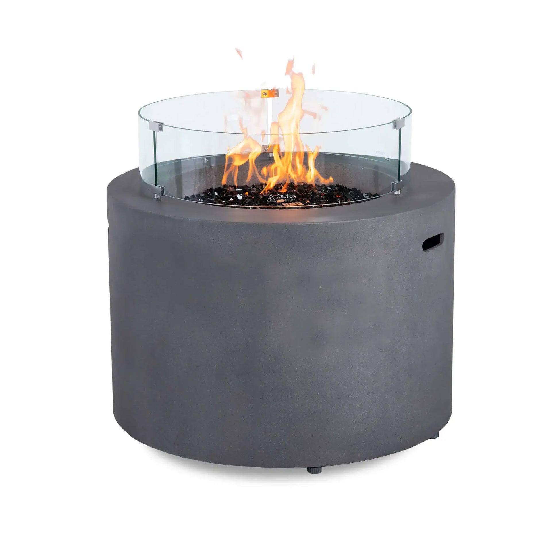 Front view of the Flame Havens Refuge Series 36-inch Round Propane Gas GFRC Concrete Fire Pit in Natural Gray operating with tall propane flames above premium Black Reflective Fire Glass. The optional tempered glass wind guard surrounds the burner, providing added flame protection while maintaining a clear view of the fire. The durable GFRC concrete construction creates a modern centerpiece for luxury outdoor living spaces.