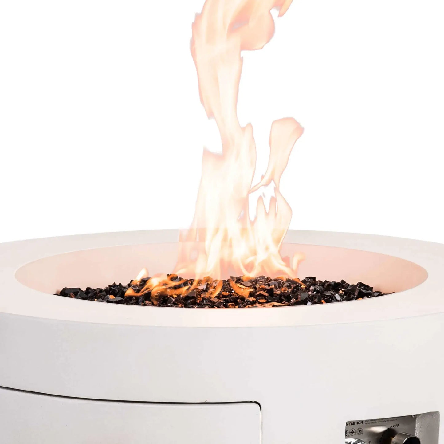 Close-up of the Flame Havens Refuge Series 36-inch Round Propane Gas GFRC Concrete Fire Pit in Ivory White with vibrant flames rising above premium Black Reflective Fire Glass. The image showcases the stainless steel burner system, CSA ignition components, and modern round fire pit design, creating a striking focal point for luxury outdoor entertaining spaces.