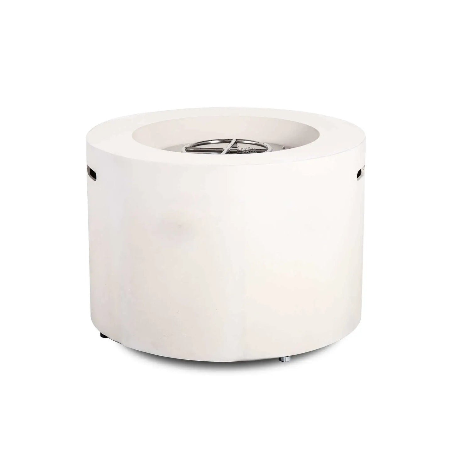 Rear product view of the Flame Havens Refuge Series 36-inch Round Propane Gas GFRC Concrete Fire Pit in Ivory White with the stainless steel burner assembly exposed. This angle highlights the smooth cylindrical GFRC concrete body, concealed service side, integrated lifting handles, and premium construction designed for modern outdoor patio installations.