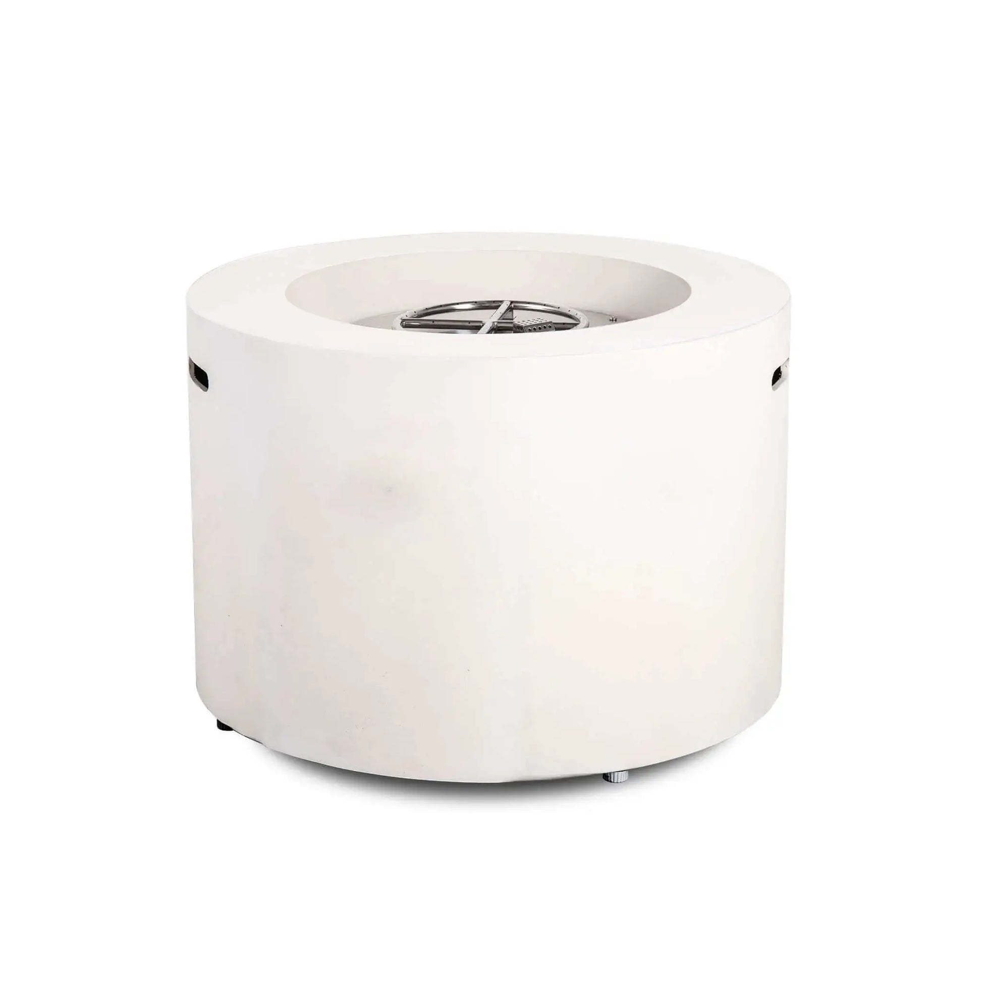 Rear product view of the Flame Havens Refuge Series 36-inch Round Propane Gas GFRC Concrete Fire Pit in Ivory White with the stainless steel burner assembly exposed. This angle highlights the smooth cylindrical GFRC concrete body, concealed service side, integrated lifting handles, and premium construction designed for modern outdoor patio installations.